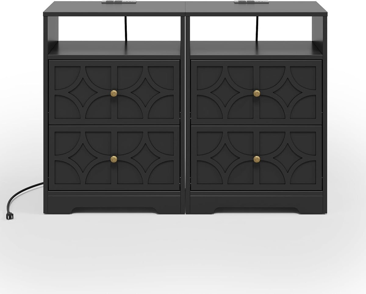 RoyalCraft Large Nightstand with 2 Drawers, Modern Side Table with Charging Station, Accent End Table with Diamond Carvings, Storage Cabinet for Living Room, Bedroom, Entryway, Set of 2