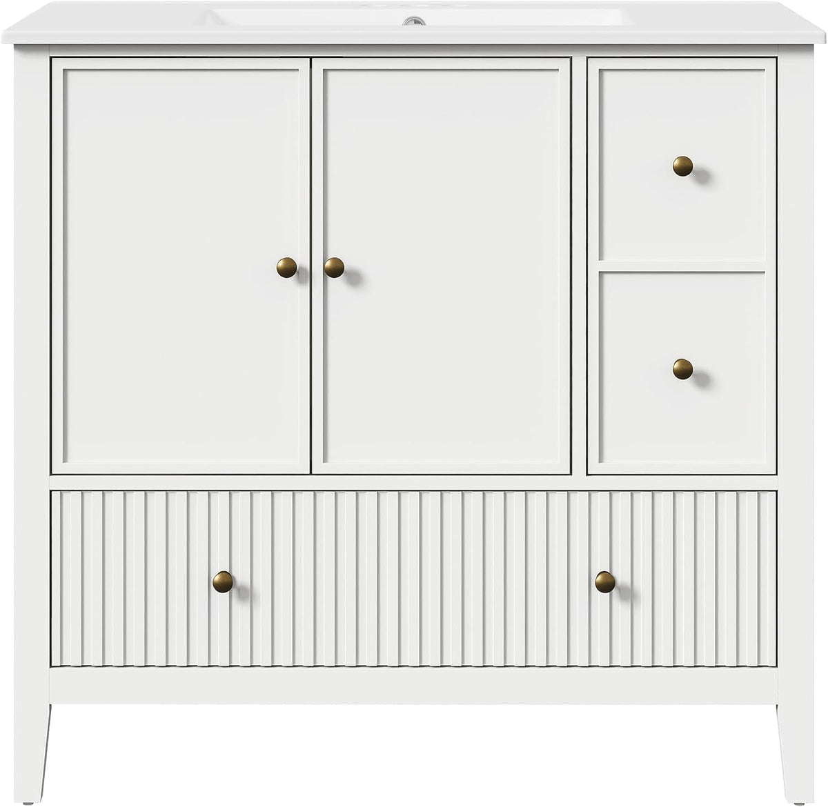 Royalcraft 36'' Bathroom Vanity with Sink, Modern Bathroom Vanity Sink Cabinet with Doors and Fluted Drawers, Free Standing Bathroom Storage Cabinet with Sink Combo Set, White