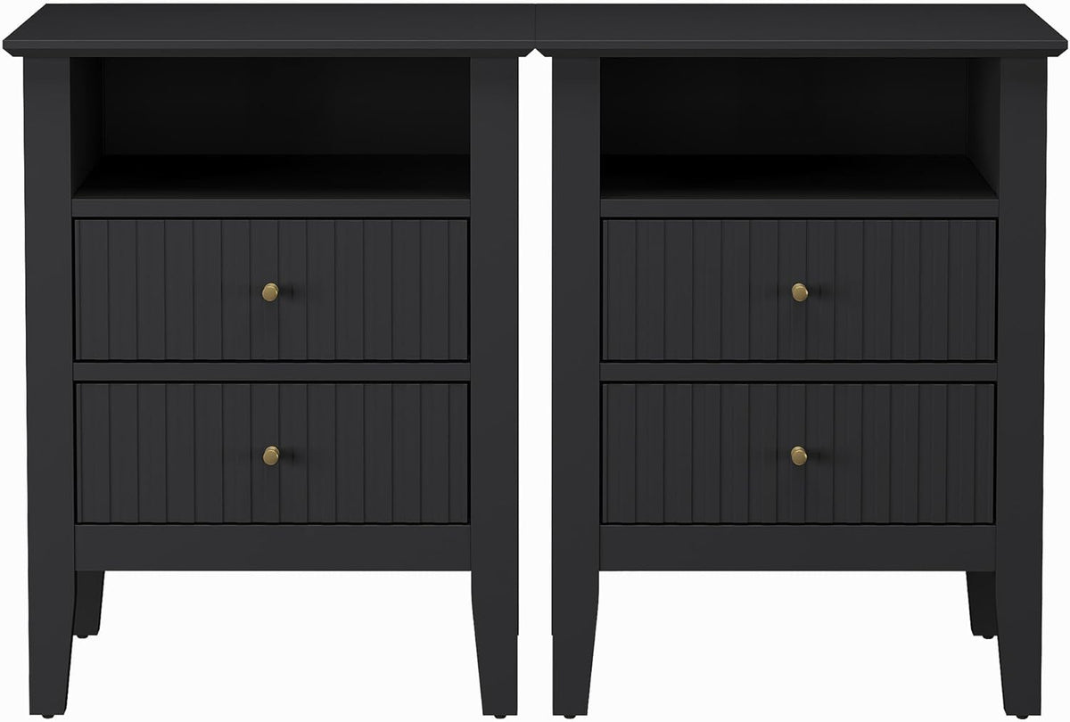 RoyalCraft Fluted Nightstand Set of 2, Modern Wooden Sofa Table with 2 Drawers for Small Spaces, Tall End Table for Bedroom, Living Room, Couch Coffee Table