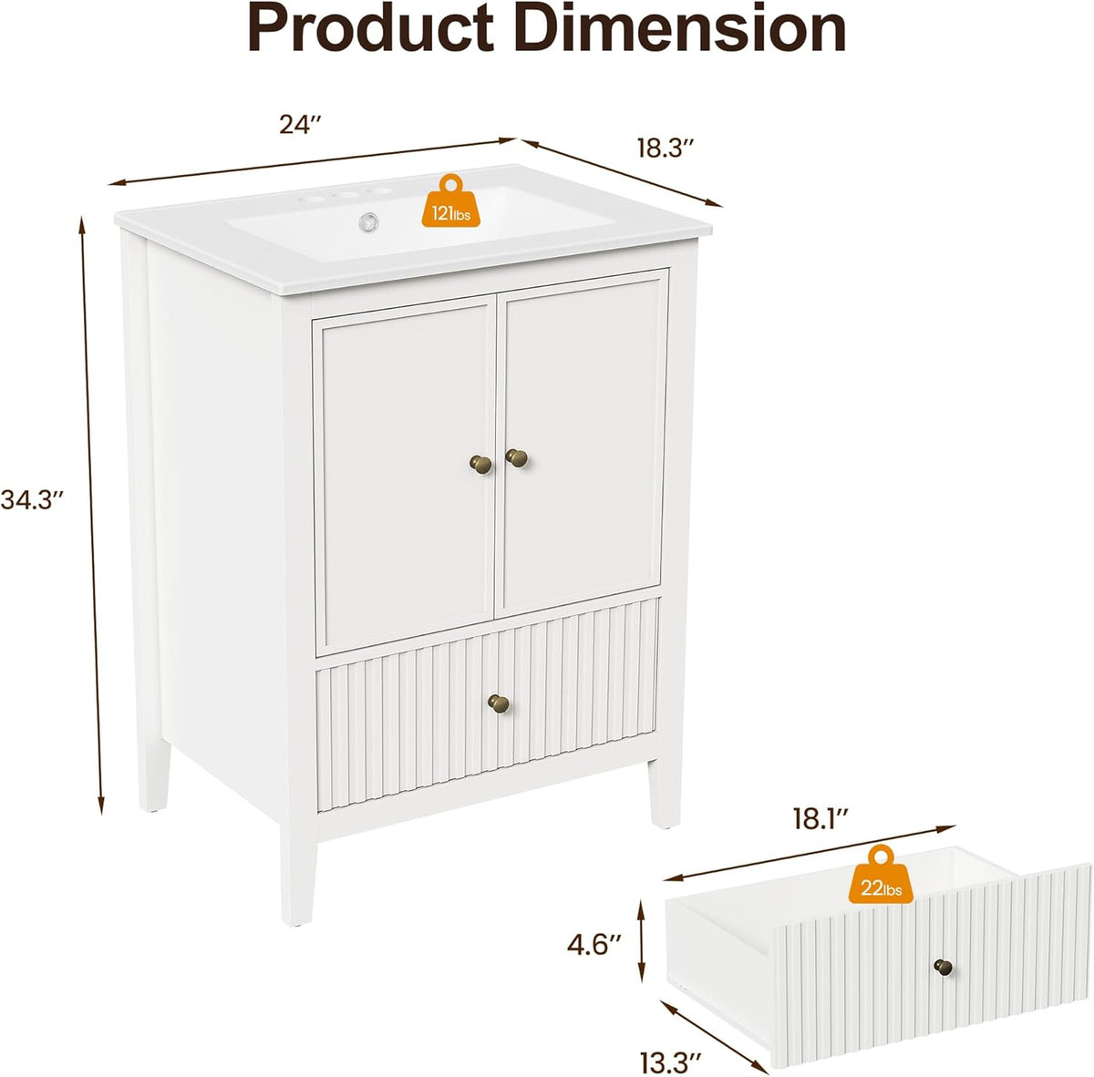 Royalcraft 24'' Bathroom Vanity with Sink, Modern Bathroom Vanity Sink Cabinet with Doors and Fluted Drawers, Free Standing Bathroom Storage Cabinet with Sink Combo Set, White