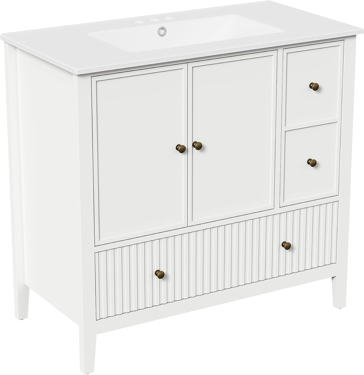 Royalcraft 36'' Bathroom Vanity with Sink, Modern Bathroom Vanity Sink Cabinet with Doors and Fluted Drawers, Free Standing Bathroom Storage Cabinet with Sink Combo Set, White