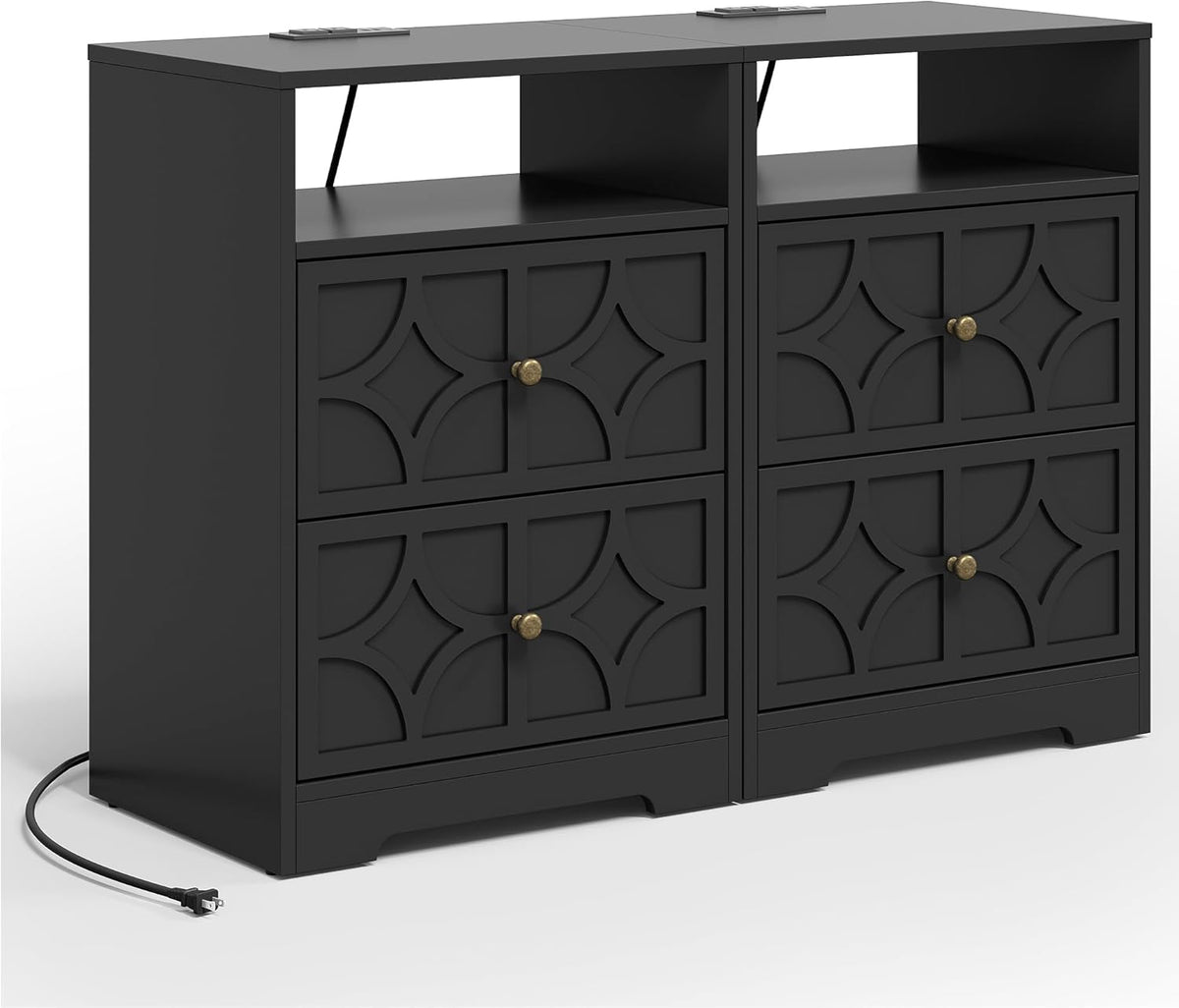 RoyalCraft Large Nightstand with 2 Drawers, Modern Side Table with Charging Station, Accent End Table with Diamond Carvings, Storage Cabinet for Living Room, Bedroom, Entryway, Set of 2