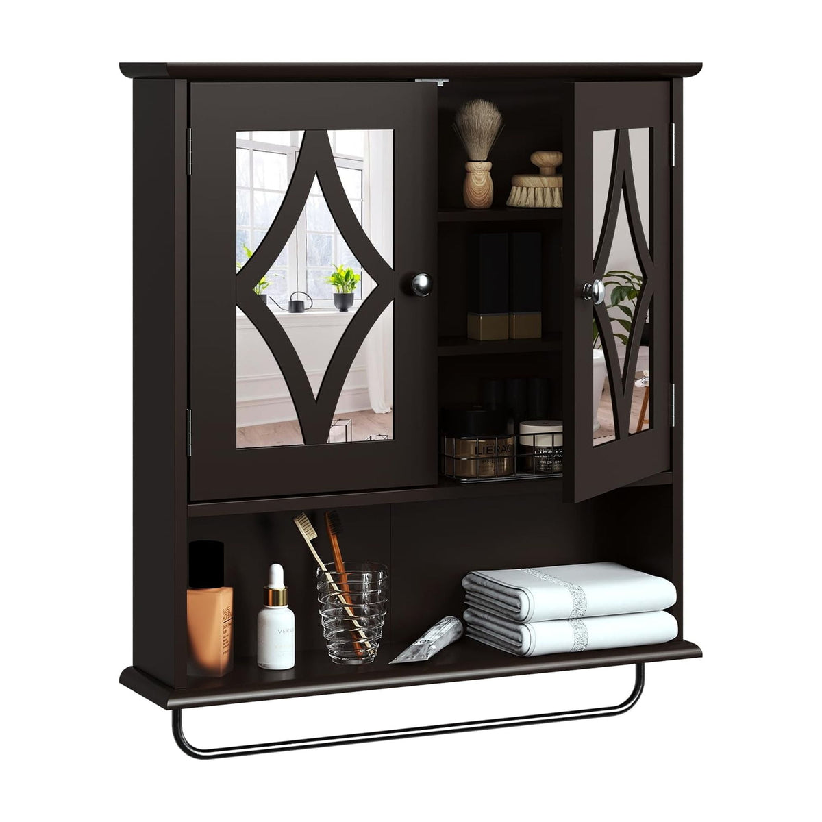 RoyalCraft Bathroom Medicine Cabinet with Mirror, Vanity Wall Mounted Storage Cabinet with Adjustable Shelves and Towel Bar, Hanging Wall Cabinet for Bathroom, Laundry, Living Room, Brown