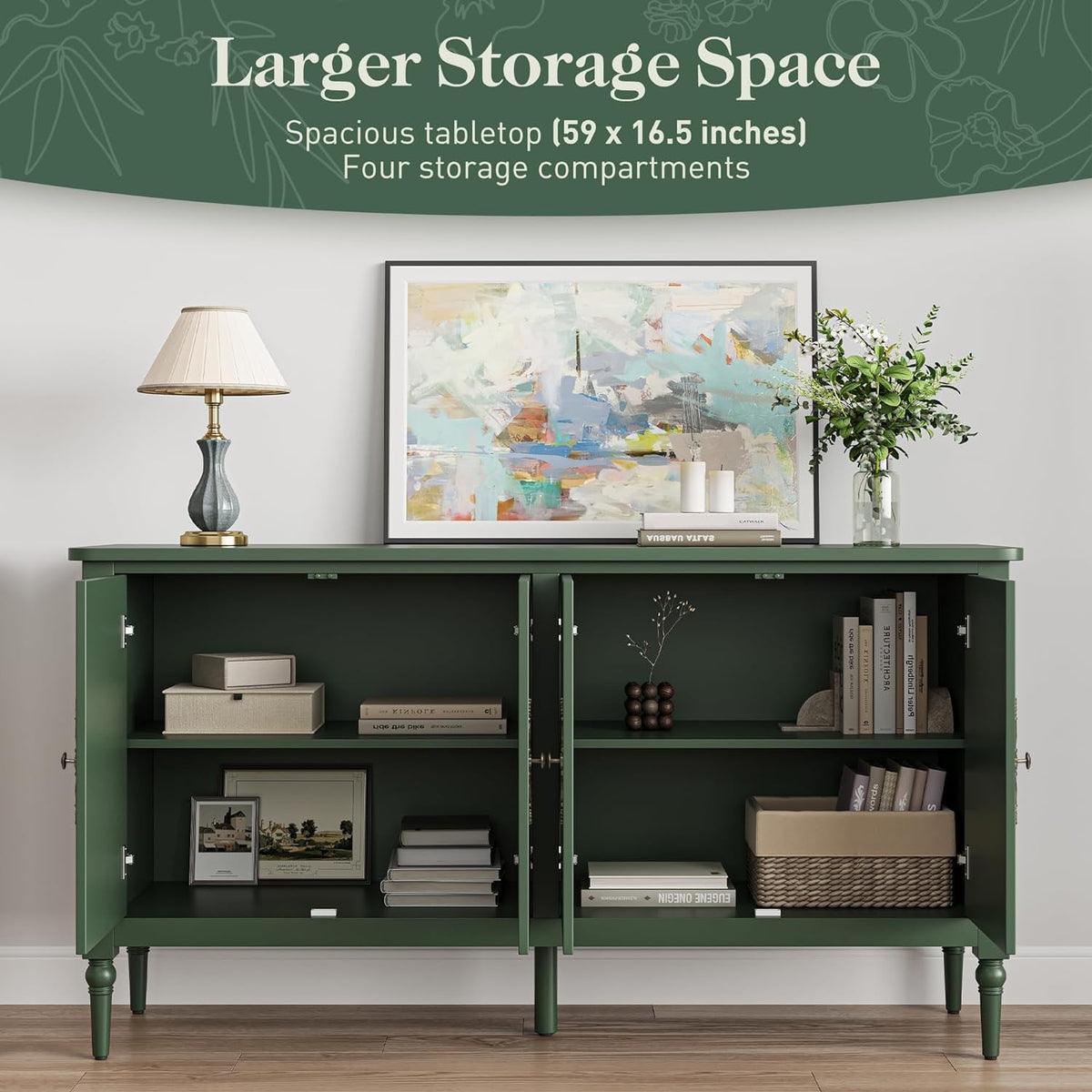 Royalcraft Sideboard Buffet Cabinet with Storage, 58'' Mid Century Modern Storage Cabinet with 4 Doors and Adjustable Shelves, Accent Cabinet for Entryway, Dining Room, Living Room, Bedroom, Green