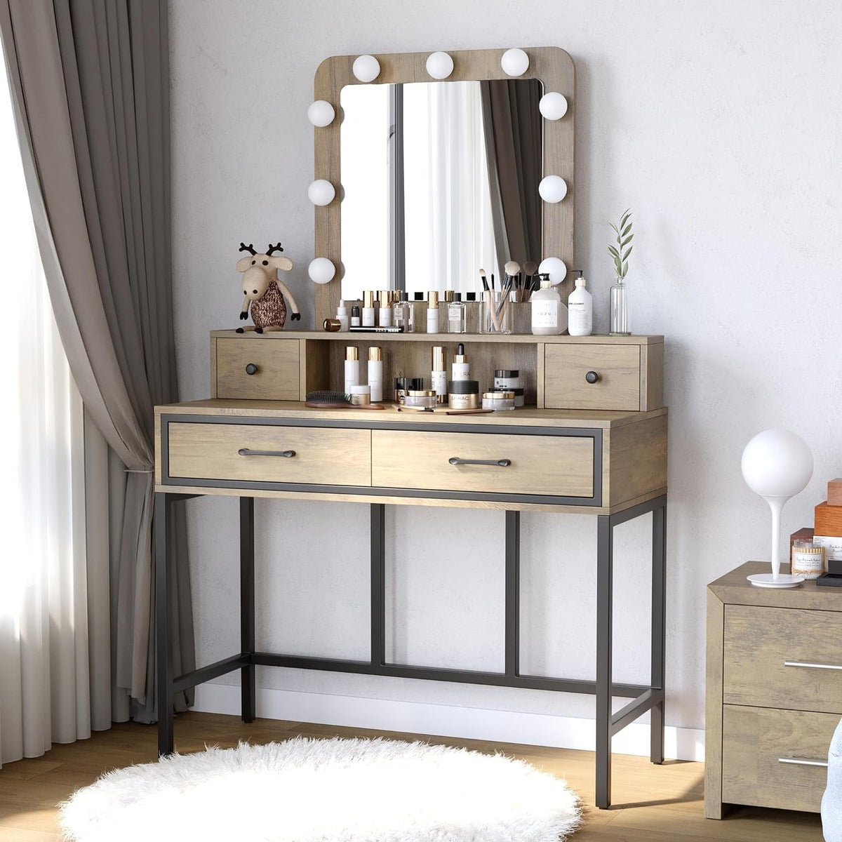 Superjoe Makeup Vanity with 3 Color Dimmable Lighted Hollywood Mirror, Vanity Table with 4 Drawers for Women Girls, Dressing Desk for Bedroom, Beauty Room, Brown