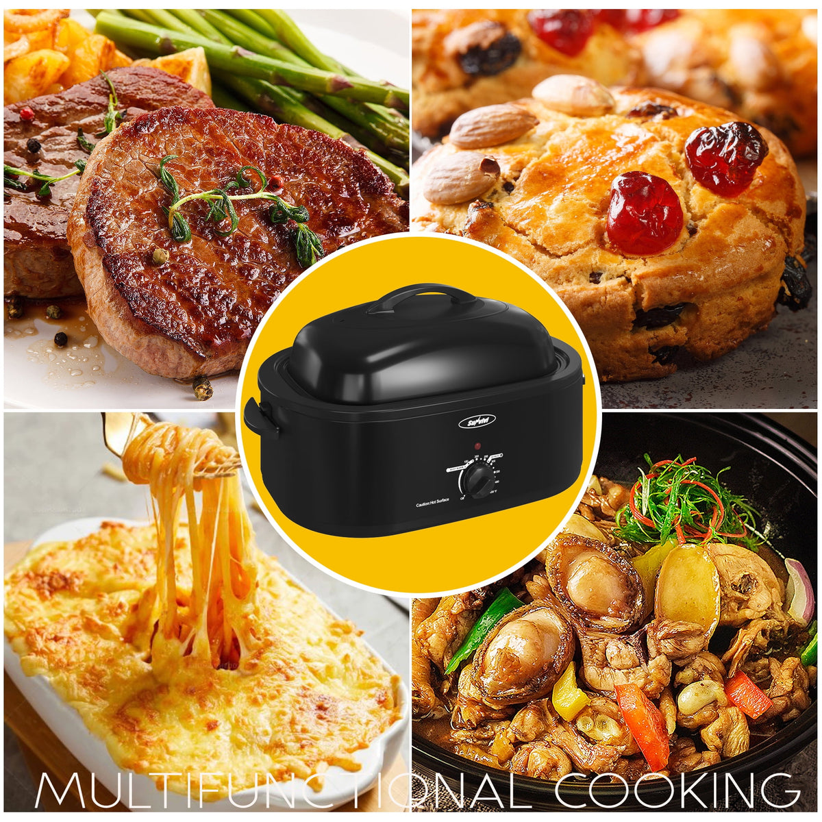 18 Quart Turkey Electric Roaster Oven with Self-Basting Lid, Stainless Steel, Black