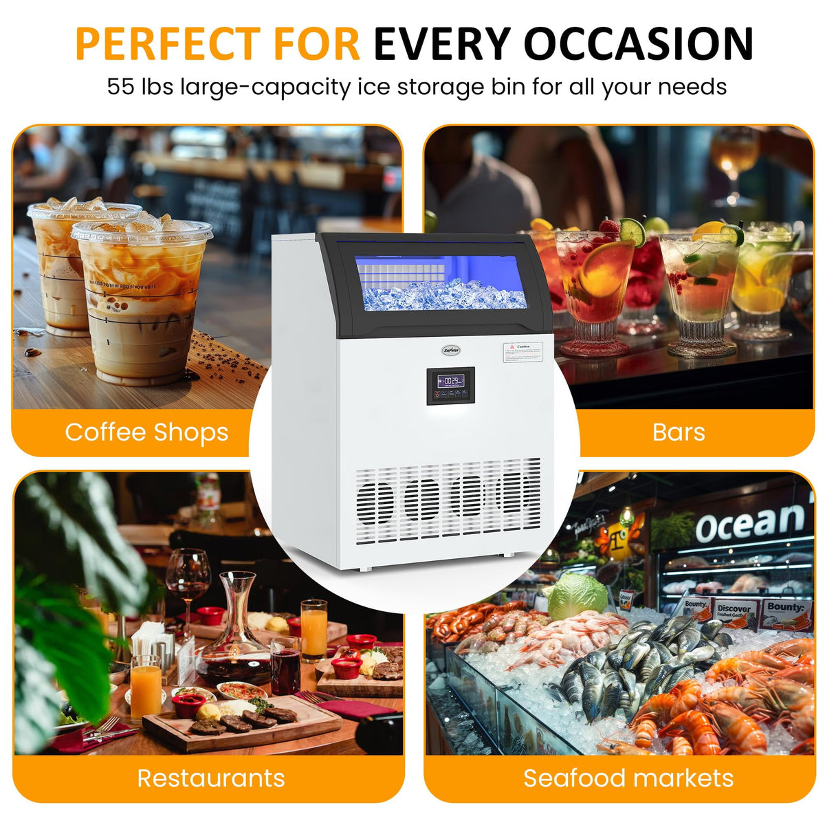 Royalcraft Commercial Ice Maker Machine, 265LBS/24H, 55LBS Storage Bin, Stainless Steel Under Counter Ice Machine for Restaurants, Bars, and Home Use, Includes Water Filter, Scoop, and Hose