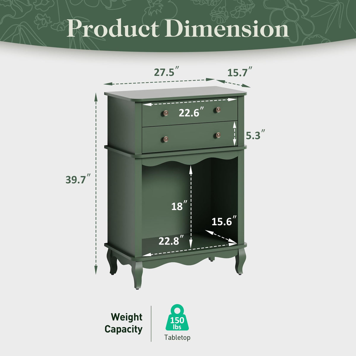 CozyHome 2 Drawer Dresser with Open Space, Dresser Chest of Drawer for Bedroom, Multifunctional Tall Dresser, Wood Storage Chest of Drawers Storage Cabinet for Living Room, Entryway, Hallway, Green