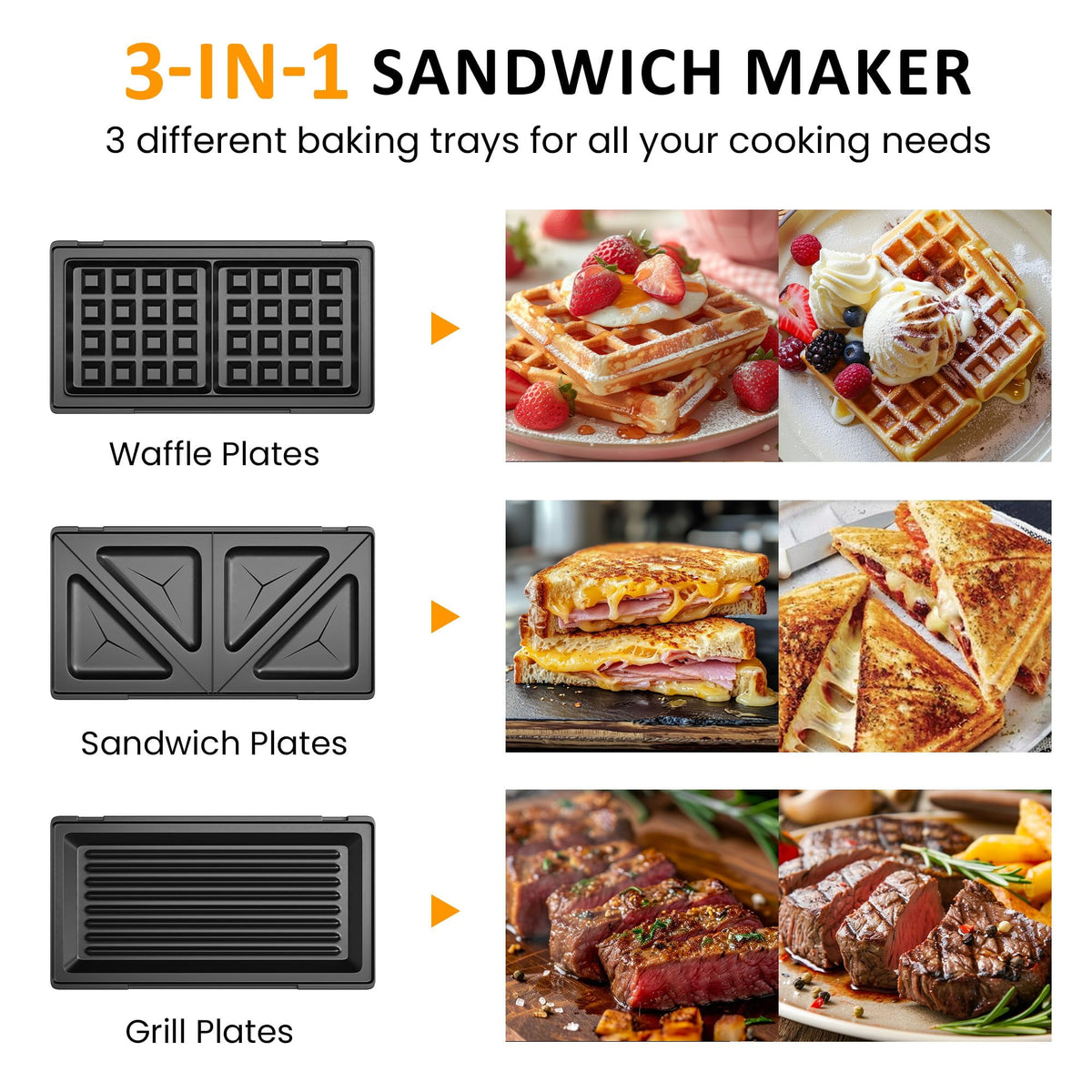 Royalcraft 3 in 1 Electric Sandwich Maker with Removable Non-Stick Plates, Indicator Lights & Cool Touch Handle, 750W, Black