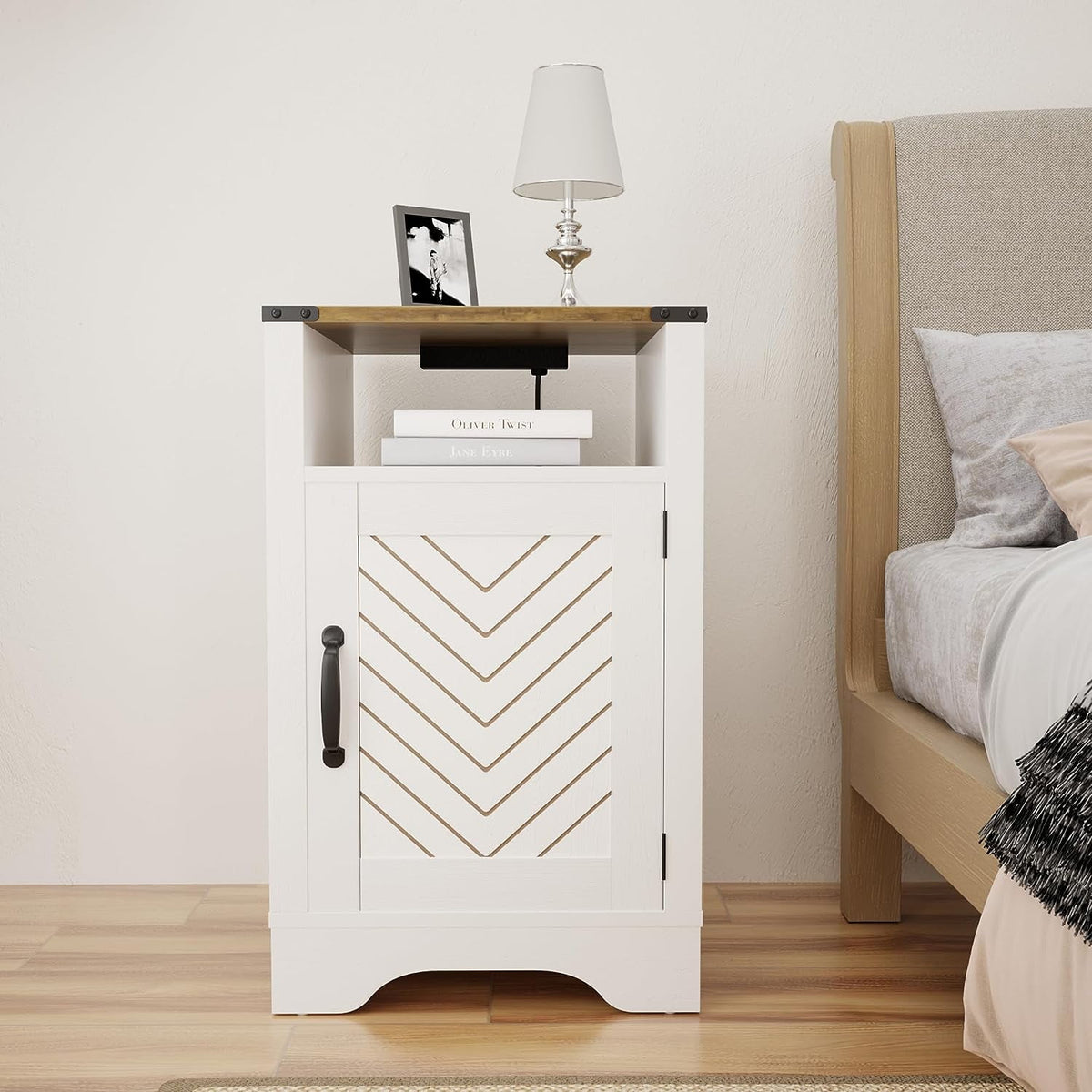 RoyalCraft White Nightstand with Charging Station, Farmhouse Bedside Table with Herringbone Design, Wooden Rustic End Table with Large Storage Room & Shelf for Bedroom, Living Room