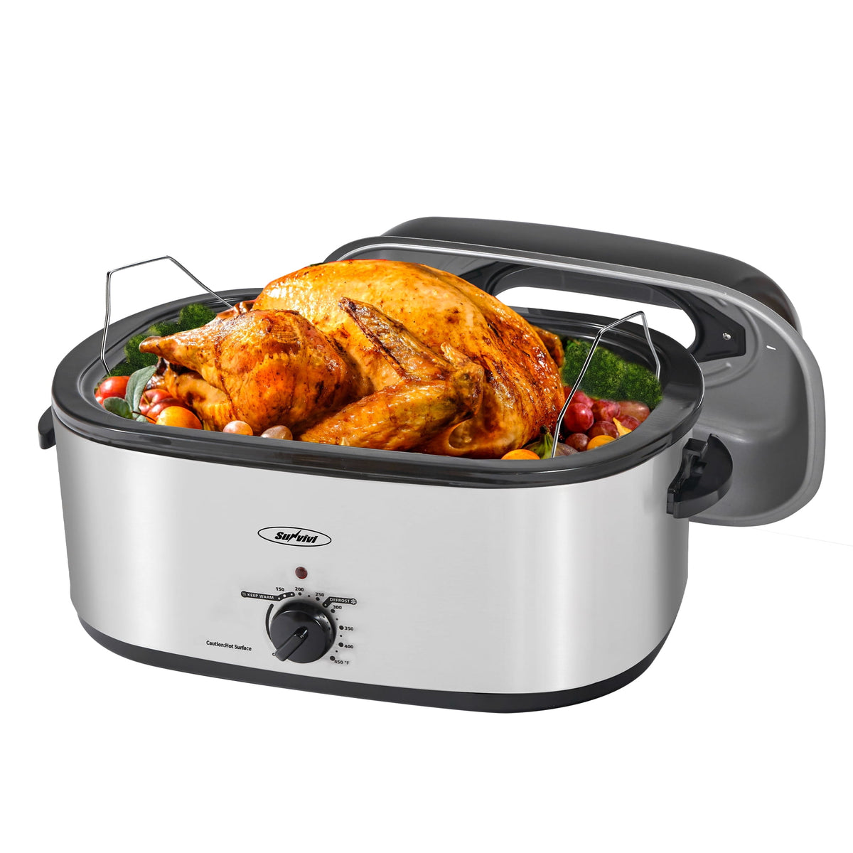 RoyalCraft 24 Quart Electric Roaster Oven with Visible & Self-Basting Lid, Stainless Steel, Silver