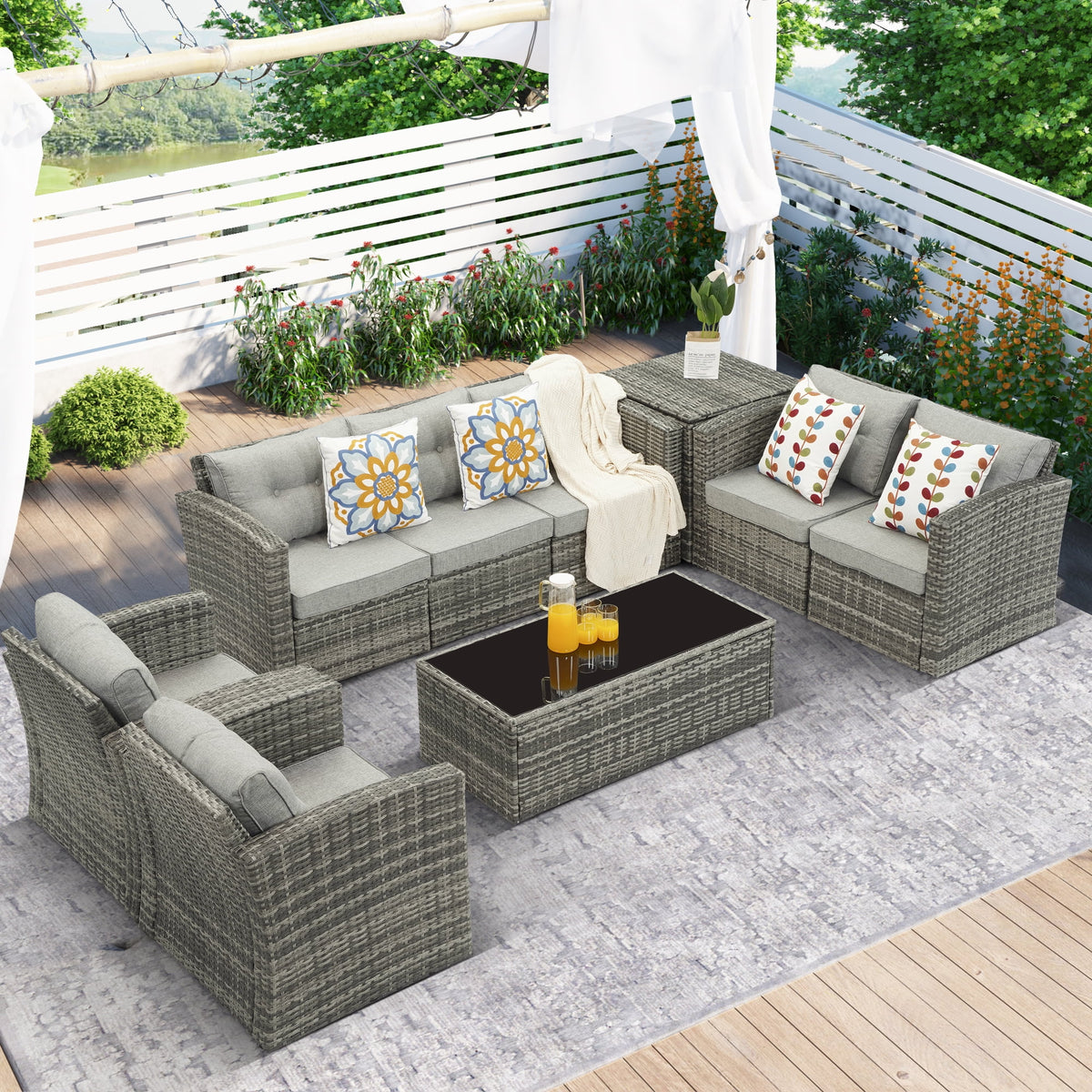 Royalcraft Outdoor Patio Furniture Set,10 Pieces Outdoor Sectional Wicker Sofa PE Rattan Conversation Sets with Dining Table,Aluminum Frame,Brown