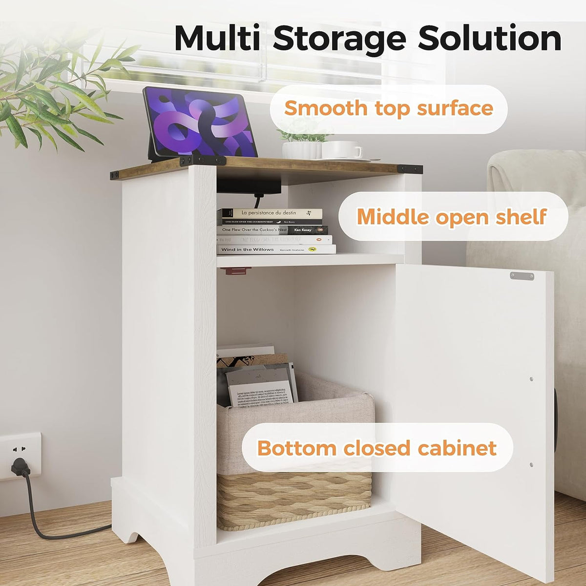 RoyalCraft White Nightstand with Charging Station, Farmhouse Bedside Table with Herringbone Design, Wooden Rustic End Table with Large Storage Room & Shelf for Bedroom, Living Room