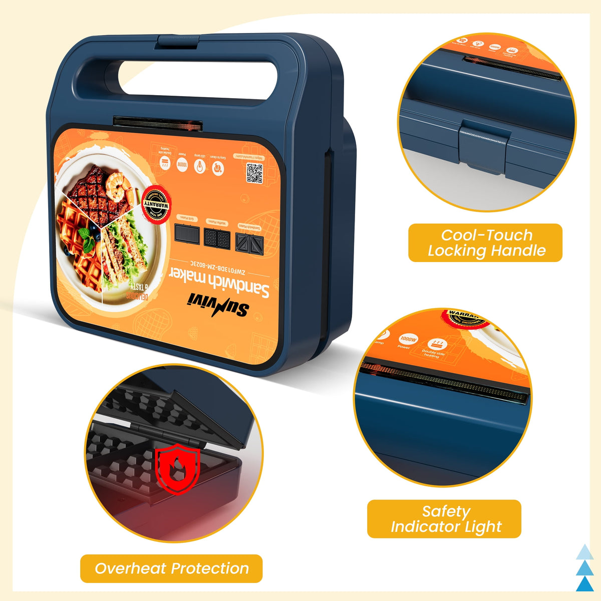 Royalcraft 3-in-1 Electric Sandwich Maker Waffle Grill Panini Press 1000W Non-Stick Removable Plates Blue