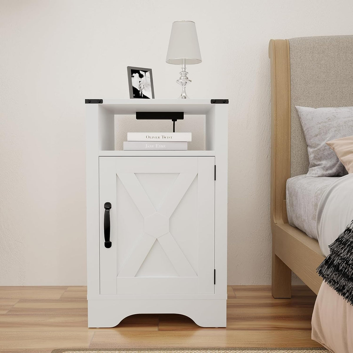 RoyalCraft White Nightstand with Charging Station, Farmhouse Bedside Table with X-Shaped Design,Wooden Rustic End Table with Large Storage Room and Shelf for Bedroom, Living Room, Solid White