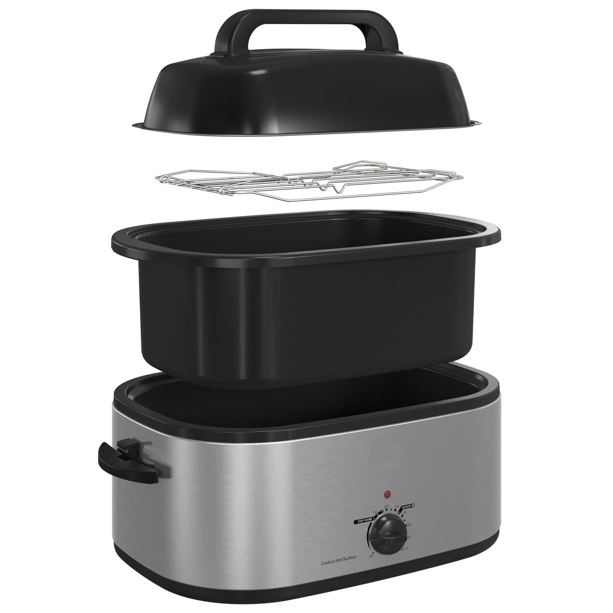 RoyalCraft 26 Quart Electric Turkey Roaster Oven with Visible Glass Lid, with Removable Pan & Rack, Stainless Steel, Silver