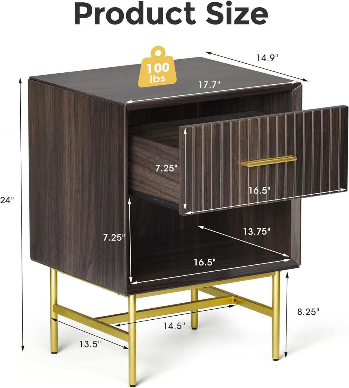 RoyalCraft Nightstands Set of 2, Wood Side Table with Drawer, 2-Tier End Table with Adjustable Feet and Metal Leg, Modern Night Stands Cabinet for Bedroom, Living Room, Home Office, Charcoal Walnut