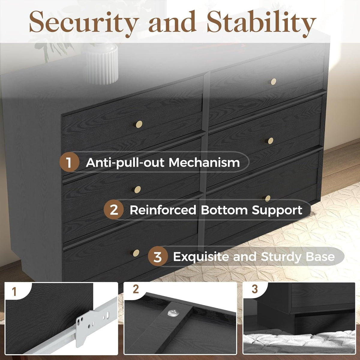 6 Drawer Dresser, Modern Closet Dressers Chest of Drawers with Crystal Knobs & Decorative Painted Strip