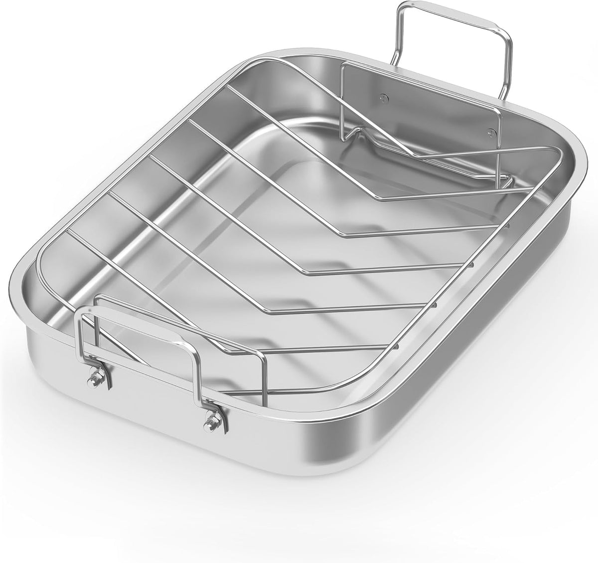 Royalcraft 15.6in  Roasting Pan with V-Shaped Rack, Rectangular Lasagna Pan with Handle, Non-Stick Stainless Steal Roaster for Turkey, Chicken, Vegetable, Silver
