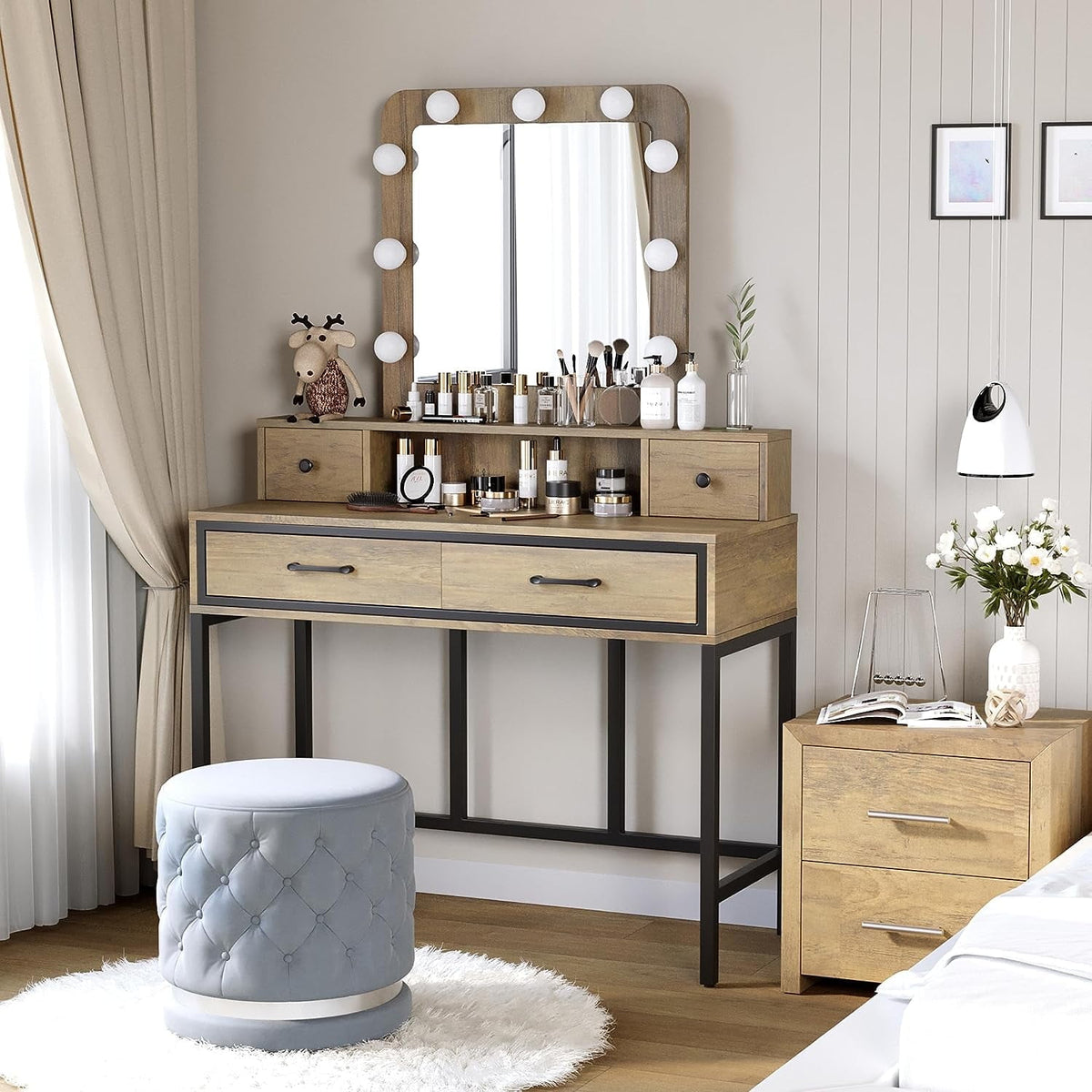 Superjoe Makeup Vanity with 3 Color Dimmable Lighted Hollywood Mirror, Vanity Table with 4 Drawers for Women Girls, Dressing Desk for Bedroom, Beauty Room, Brown