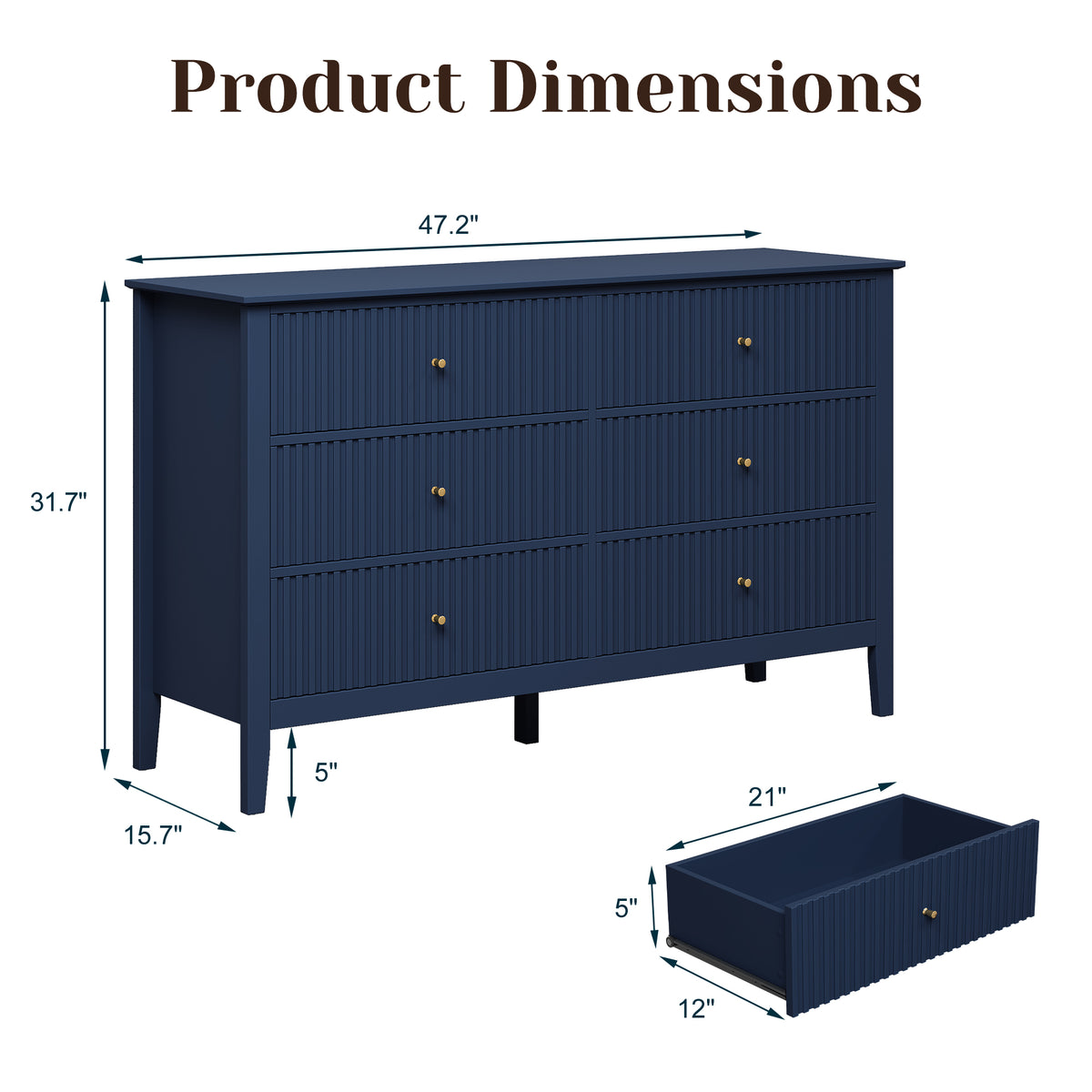 Royalcraft Fluted 6 Drawer Dresser, Wide Modern Chest of Drawers, Large Wood Storage Cabinet Organizer for Bedroom, Living Room, Hallway, Entryway, Blue