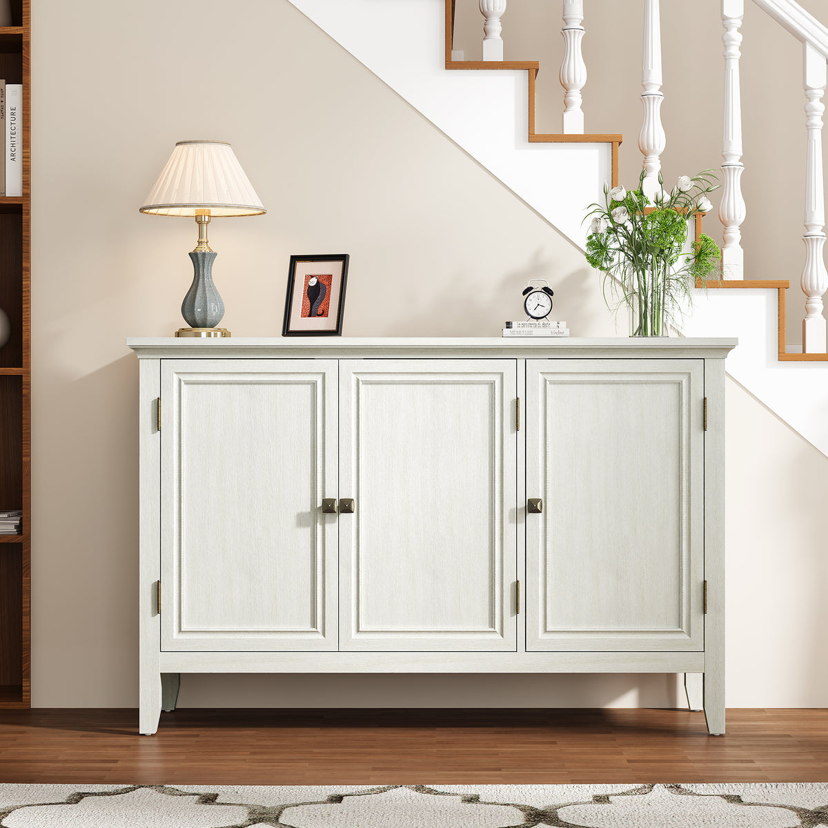 Royalcraft 3-Door Buffet Cabinet with Storage, Bohemian Sideboard with Adjustable Shelves, Wood Credenza Cabinet, Console Table for Bedroom, Living Room, Dining Room, Hallway, Grayish-White