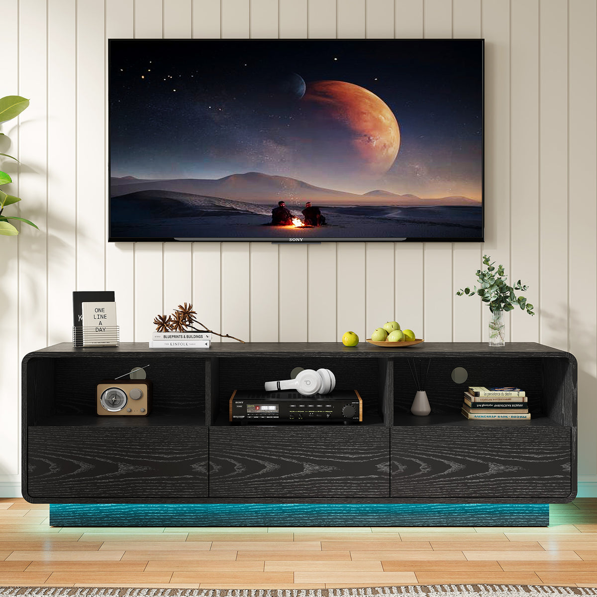 Royalcraft 59" Modern TV Stand with LED Lights, Floating Bohemian Wood Entertainment Center with Storage Drawers for Living Room & Bedroom