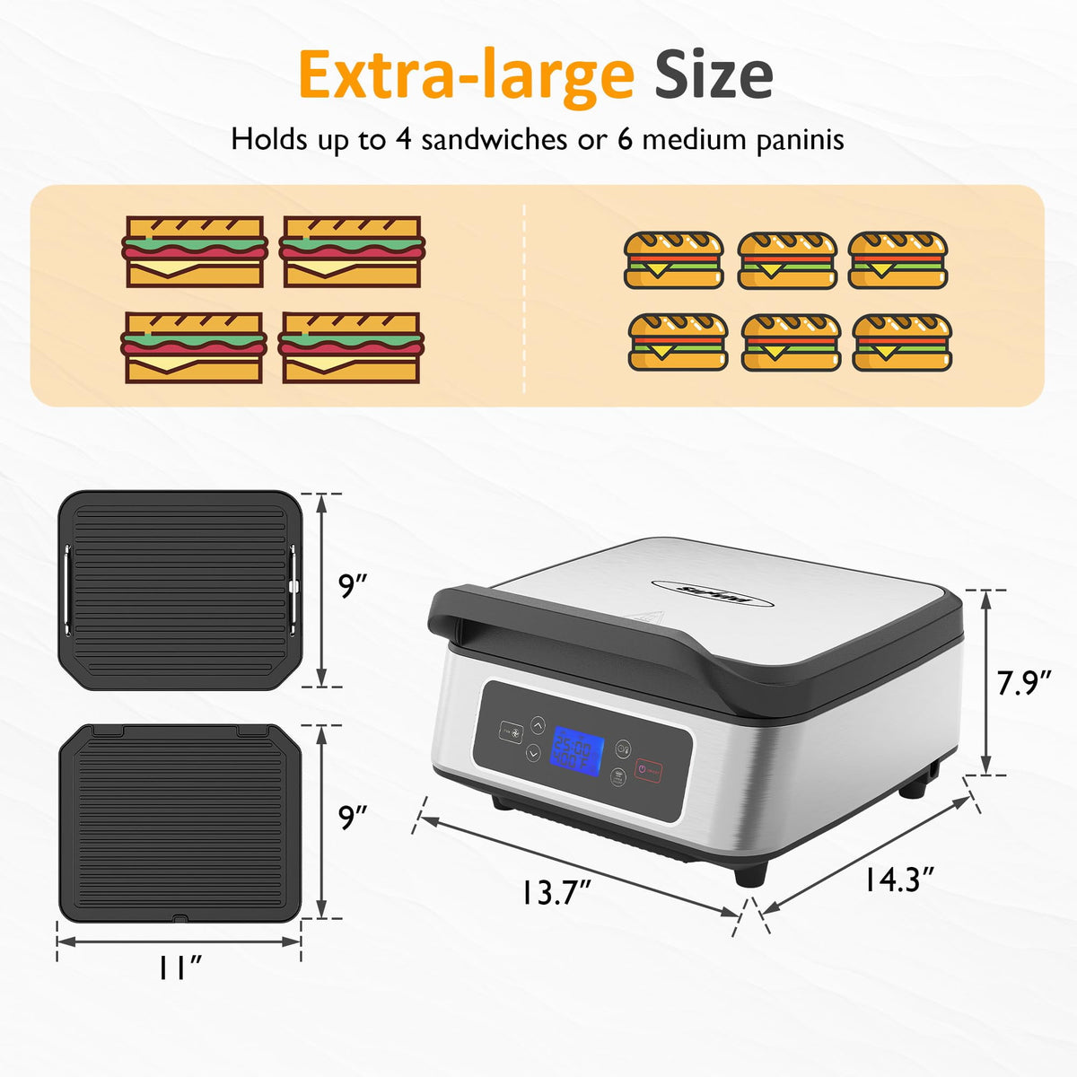 Royalcraft 1300W Smokeless Indoor Grill, Electric Panini Press Sandwich Maker with Auto-Lift, Fan, Independent Upper Heating, Smart Time & Temperature Control, Removable Non-Stick Plates