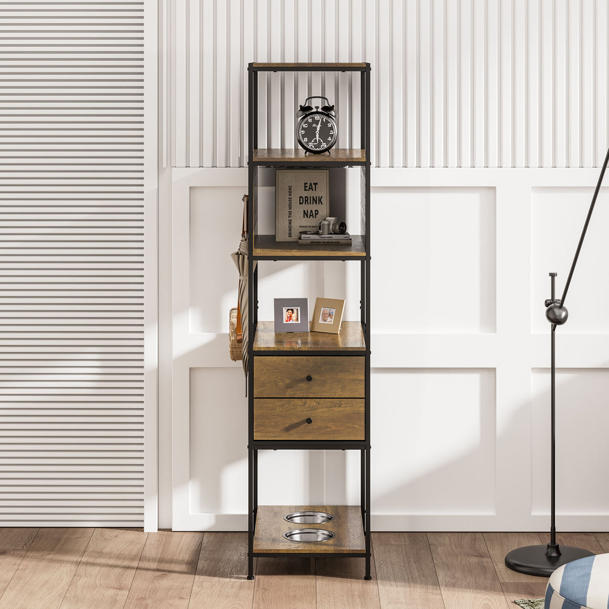 Industrial Bookshelf, Standing Display Shelf with 2 Dog Bowls, Metal and Wood Bookshelf, Dog Feeder Station with Shelves, Brown