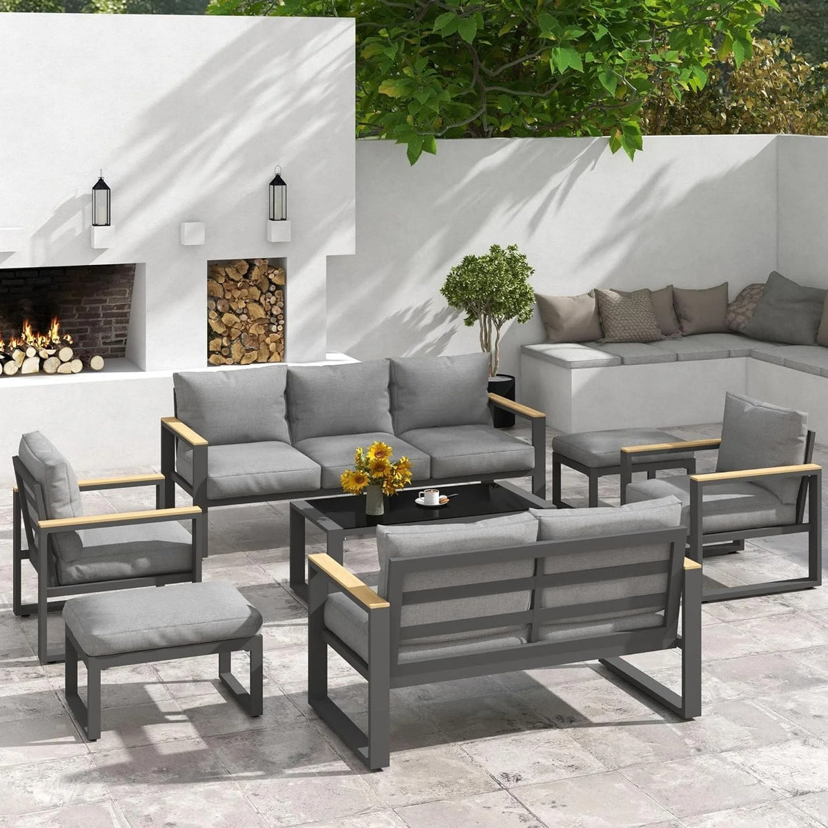Royalcraft Aluminum Outdoor Patio Bench, Upholstered Bench with Thick Cushion for Porch Balcony Backyard, Grey