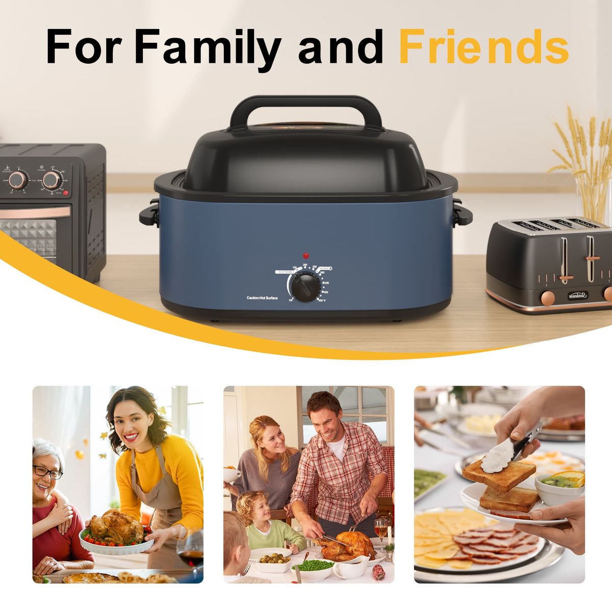 26 Quart Electric Turkey Roaster Oven with Visible Glass Lid,Removable Pan & Rack, Stainless Steel,Blue