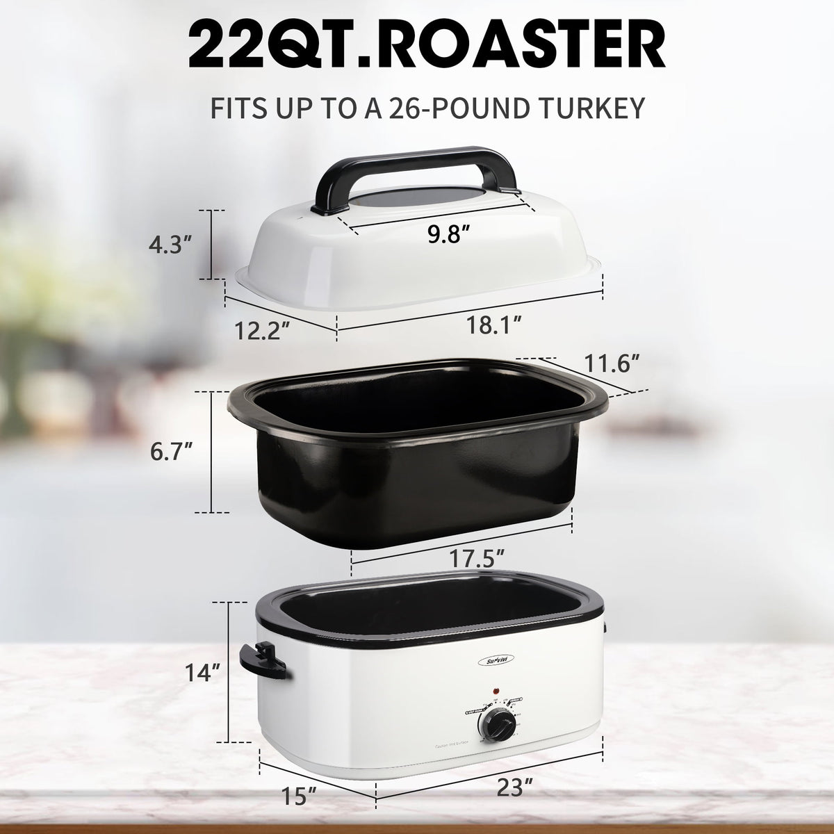 RoyalCraft 24 Quart Electric Roaster Oven with Visible & Self-Basting Lid, Stainless Steel, Silver