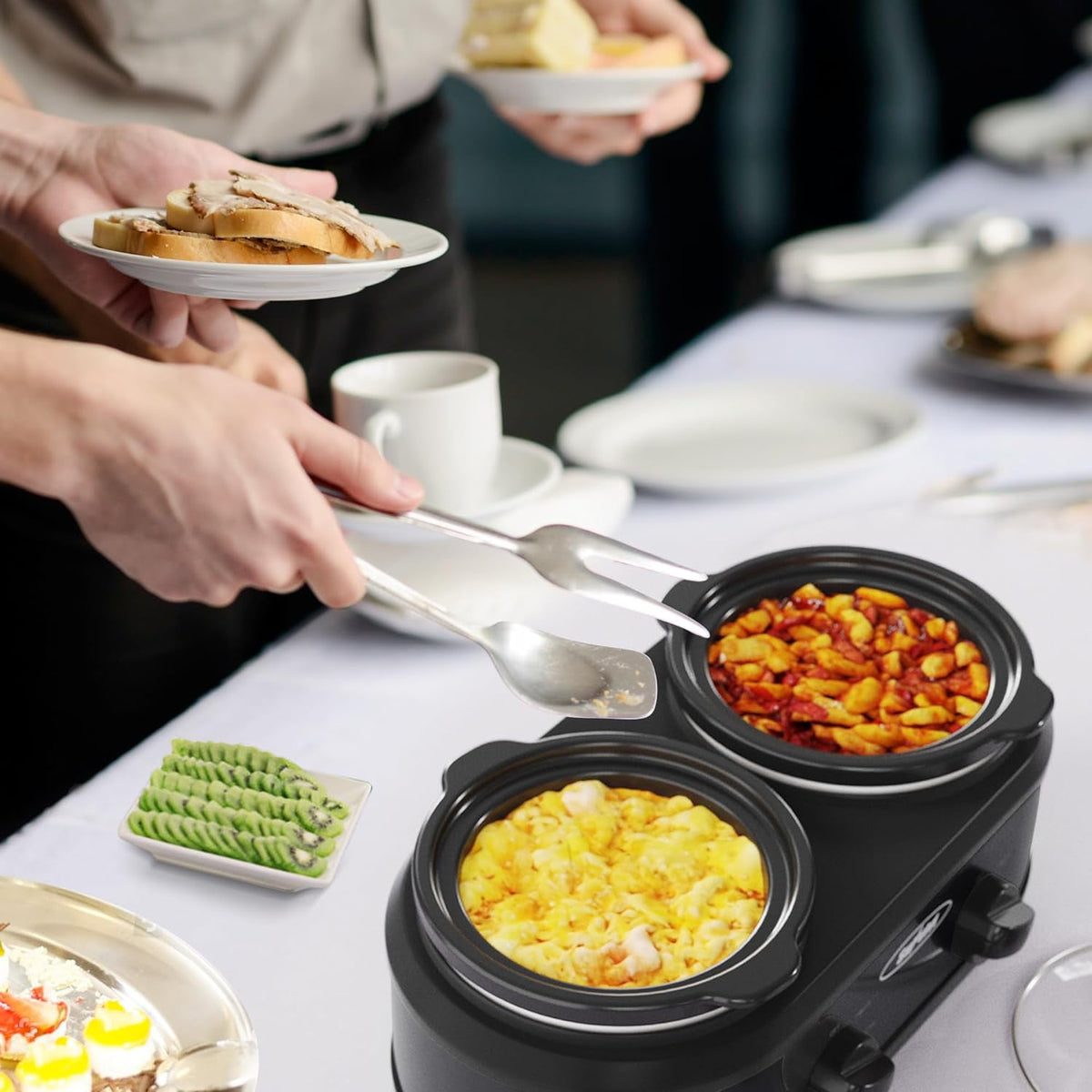 Royalcraft Double Slow Cooker,2 Pot Small Mini Crock Buffet Servers and Warmer,Dual Pot Oval Manual Slow Cooker with Adjustable Temp Removable Ceramic Pot,Stainless Steel, Total 2.5 Quarts Black