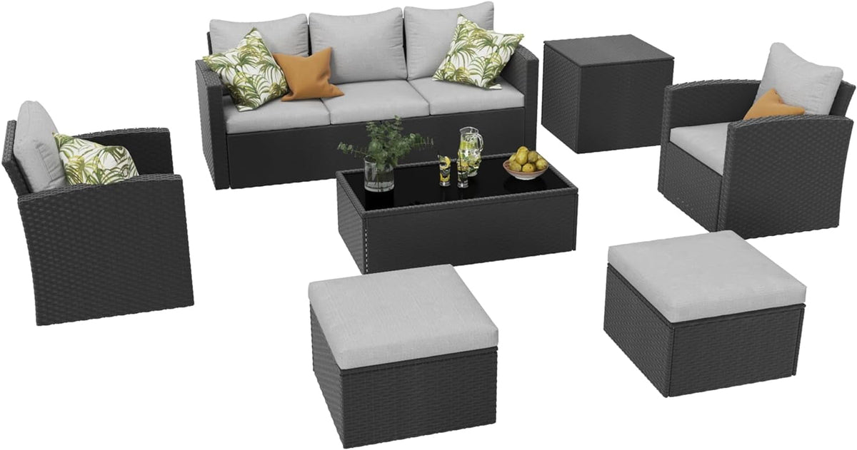Royalcraft 9 Pieces Patio Furniture Sets, All-Weather Outdoor Sectional Sofa Wicker Rattan Couch Modern Conversation Set with Storage Box, Coffee Table and Grey Cushion