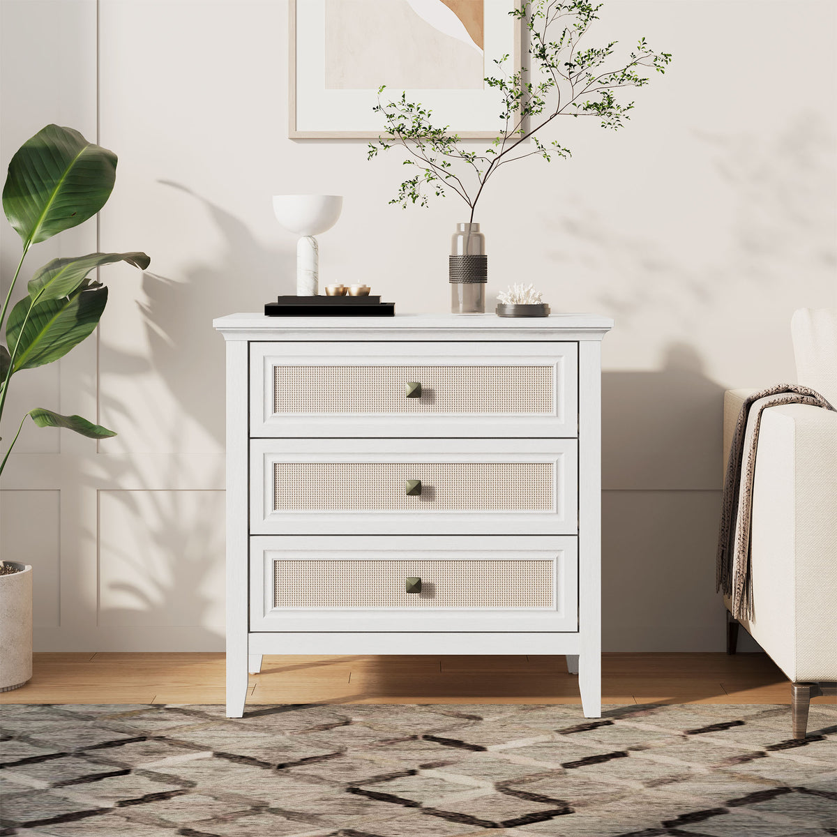 3 Drawer Dresser, Cane Nightstand with Rattan Decorated Drawers, Tall Bedside End Table for Bedroom, Living Room, Entryway