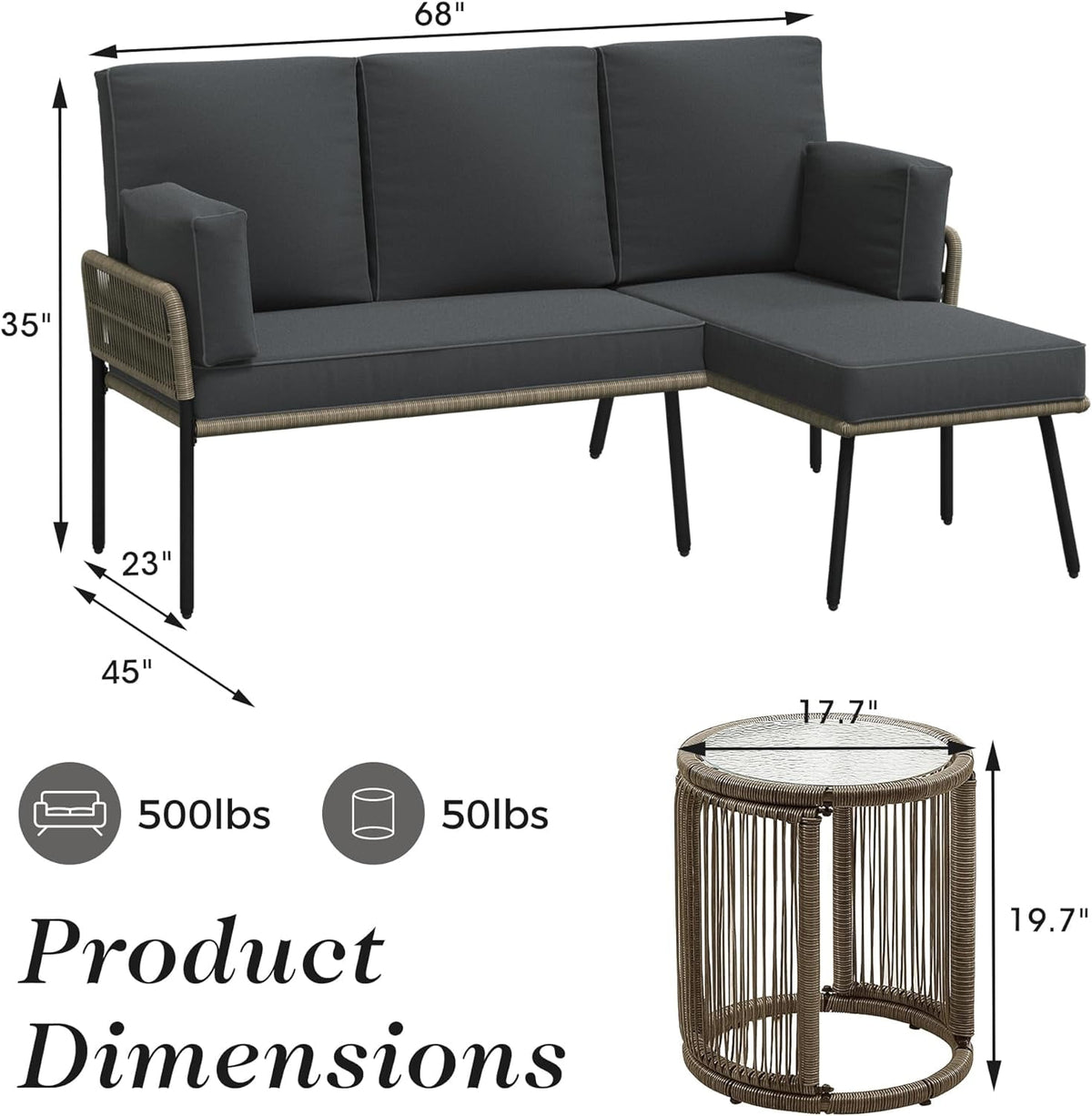 Royalcraft Patio Furniture Set, Outdoor Sectional Furniture Sets with Woven Rope Accents and 4-inch Cushions, L-Shaped Patio Conversation Sets with Detachable Lounger and Side Table
