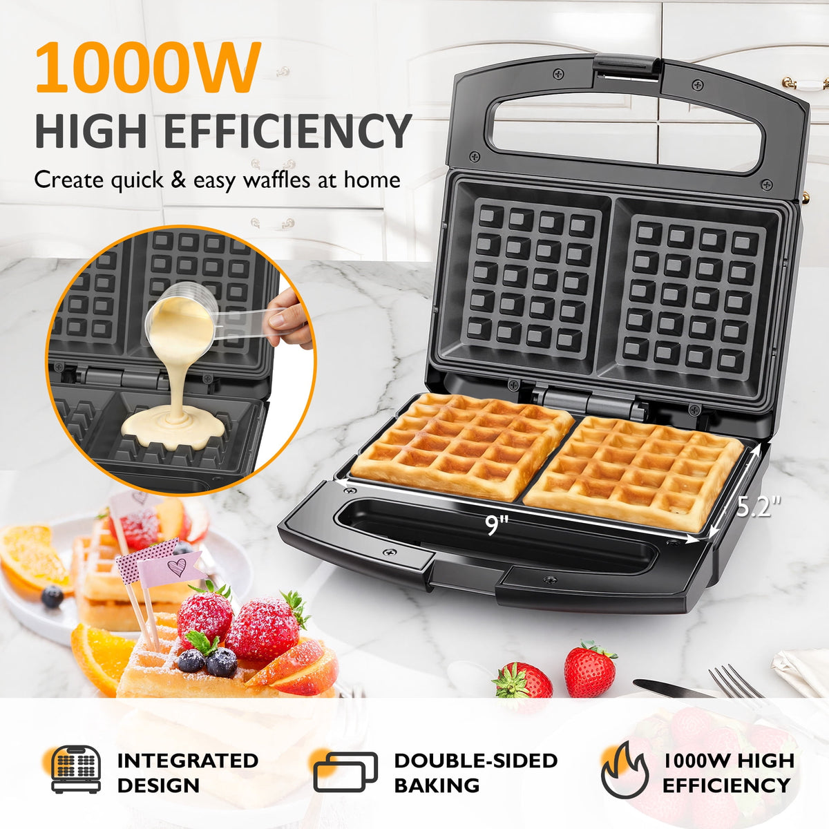 Royalcraft Electric Belgian Waffle Maker, 2 Slices Waffle Iron, Nonstick Plates, Indicator Light, Cool Touch Handle, Vertical Storage, Easy to Clean, Silver