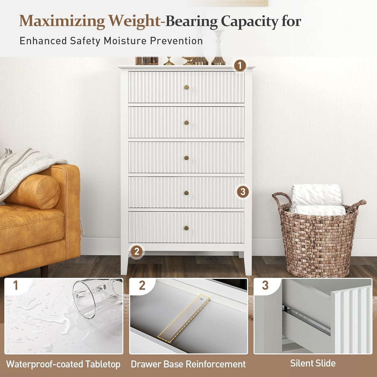 Superjoe Fluted 5 Drawers Dresser for Bedroom, White Tall Chest of Drawer with Silent Slide Drawers, Modern Wood Storage Cabinet for Living Room, Nursery, Hallway, Entryway