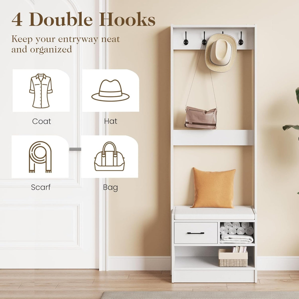 Superjoe Hall Tree with Bench, Entryway Bench with Coat Rack, Shoe Storage, Soft Cushion, Wood Entryway Furniture, White