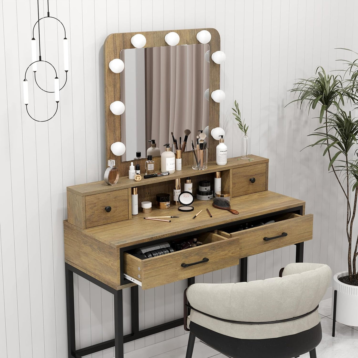 Superjoe Makeup Vanity with 3 Color Dimmable Lighted Hollywood Mirror, Vanity Table with 4 Drawers for Women Girls, Dressing Desk for Bedroom, Beauty Room, Brown