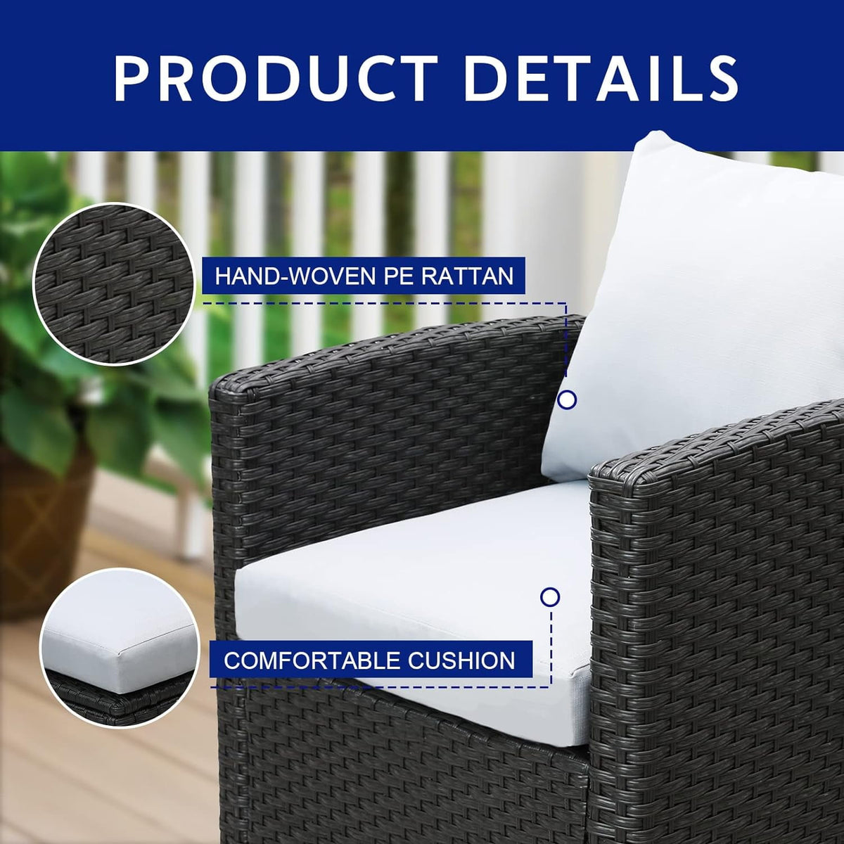 Royalcraft Wicker Patio Furniture Set,4 Pieces Outdoor Conversation Set with Tempered Glass Coffee Table and Thick Cushion, Rattan Couch Sofa Armchair Seat for Garden Backyard, Grey