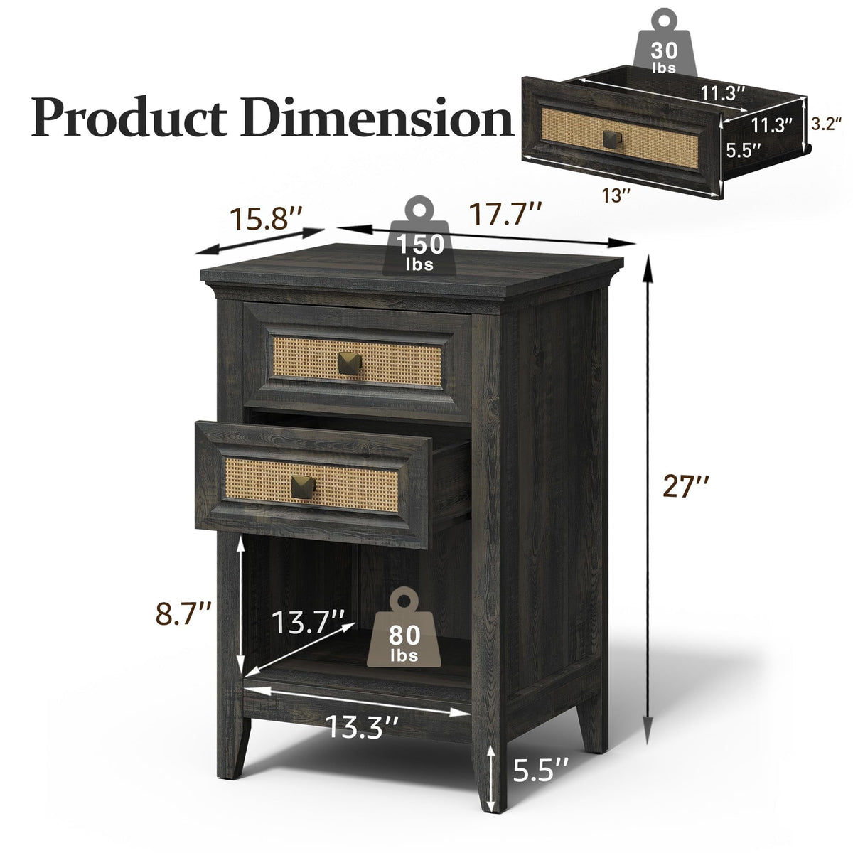 RoyalCraft Nightstand with 2 Drawers, Accent Bedside Table with Rattan Decor Drawers and Large Storage Shelf, Boho Wood End Table Organizer for Bedroom, Living Room, Coffee