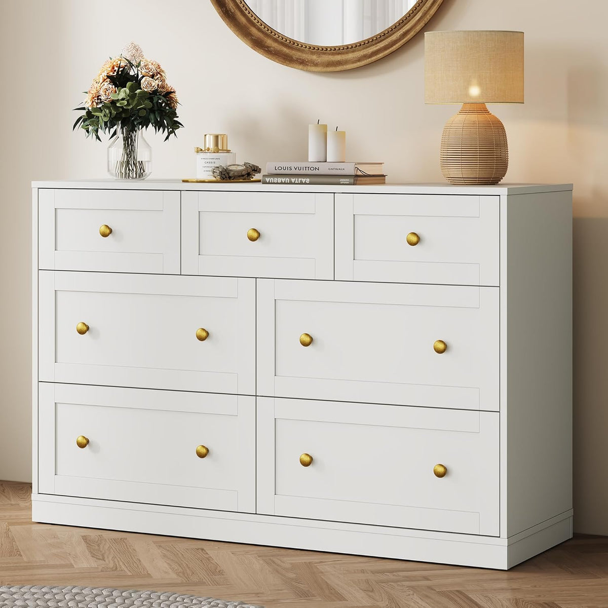 Royalcraft 7 Drawer Dresser, Modern Chest of Drawers with Gold Knobs, Wooden TV Stand Storage Organizer for Bedroom, Living Room, Entryway
