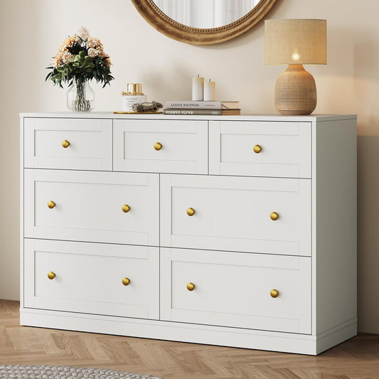 Royalcraft 7 Drawer Dresser, Modern Chest of Drawers with Gold Knobs, Wooden TV Stand Storage Organizer for Bedroom, Living Room, Entryway