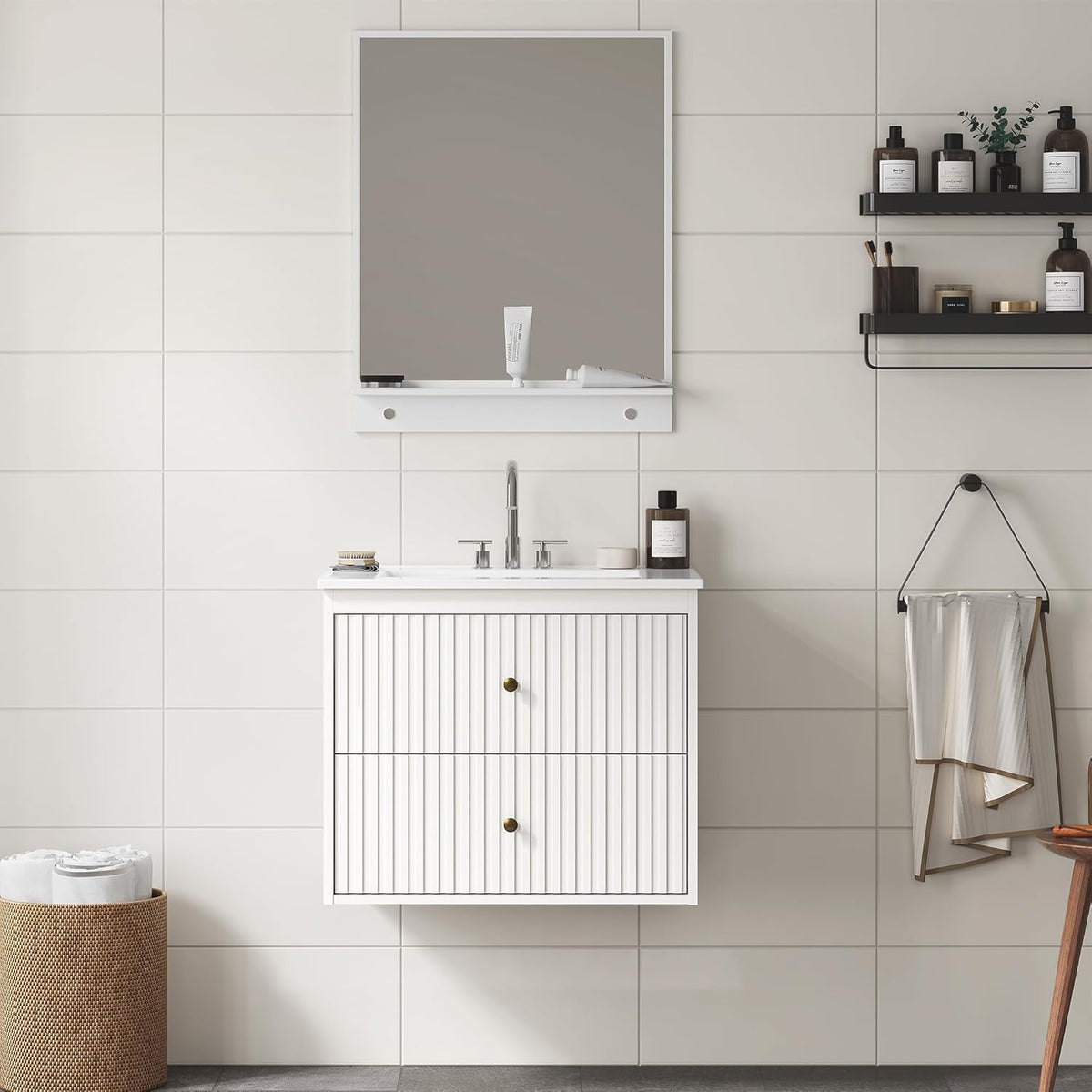 Royalcraft 24'' Bathroom Vanity with Sink, Floating Bathroom Vanity Sink Cabinet with 2 Fluted Drawers, Wall Mounted Bathroom Storage Cabinet with Sink Combo Set, White