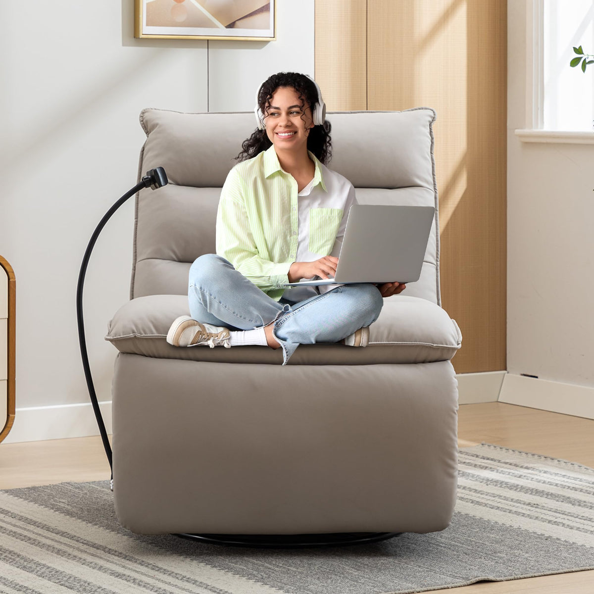 Oversized Rocker Recliner Chair for Adults, Swivel Rocking Recliner Bean Bag Chair Sofa, Armless Push Back Recliner Chair for Living Room Home Theater