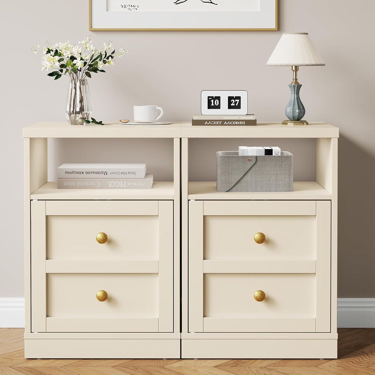 Royalcraft Nightstand Set of 2, End Table with Storage Shelf and Door, Faux two-drawer Design Side Table , Modern Night Stand for Bedroom Dorm, Wood Beside Table for Living Room Small Spaces