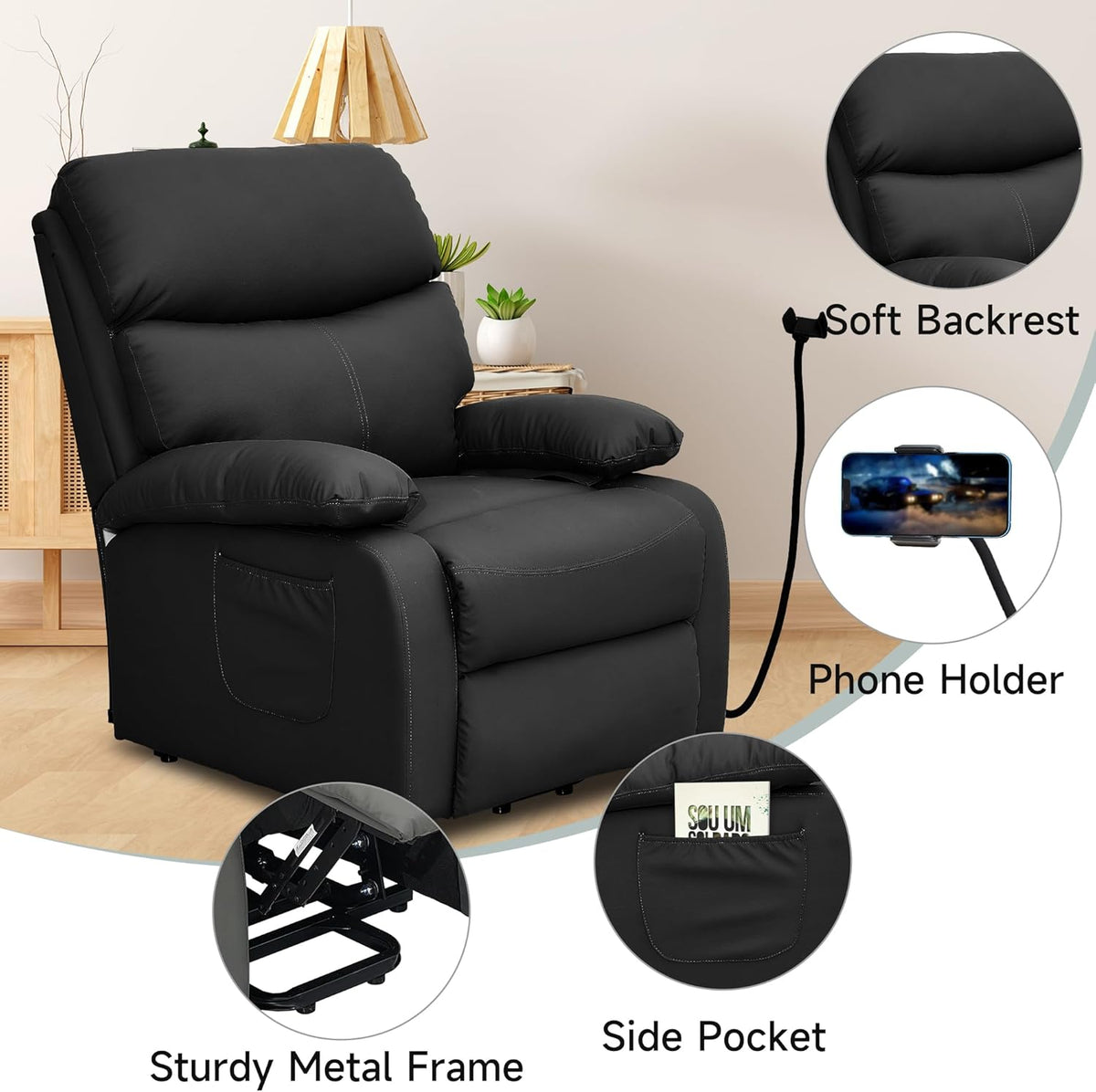 Electric Lift Recliner, Power Lift Recliner Chair with Waterproof Fabric, Lift Chair with Side Pocket and Remote Control, Easy to Operate