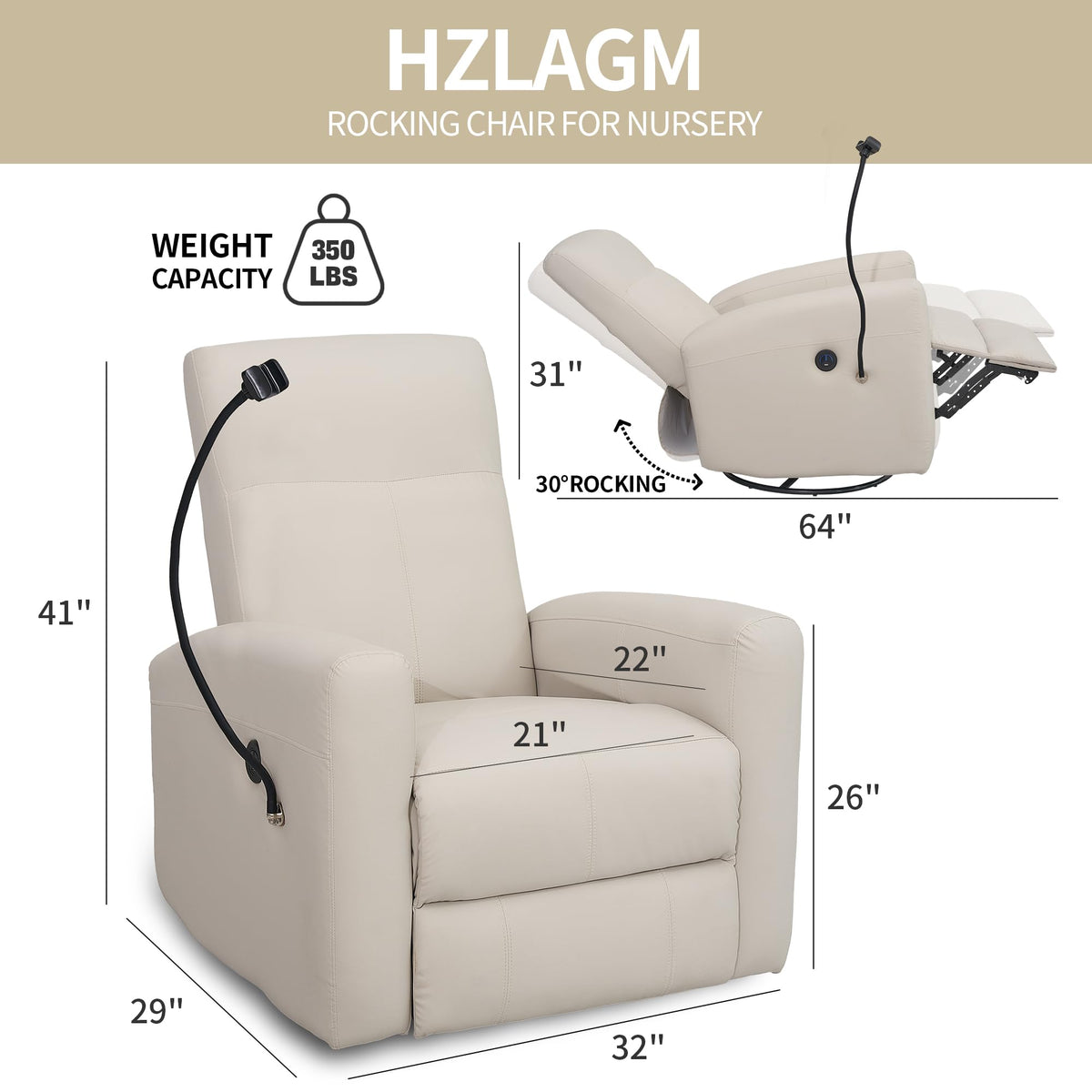 Power Swivel Glider Chair Nursery, Swivel Rocker Recliner with USB Ports, Rocking Chair with Microfiber Leather, Waterproof, Living Room, Nursery