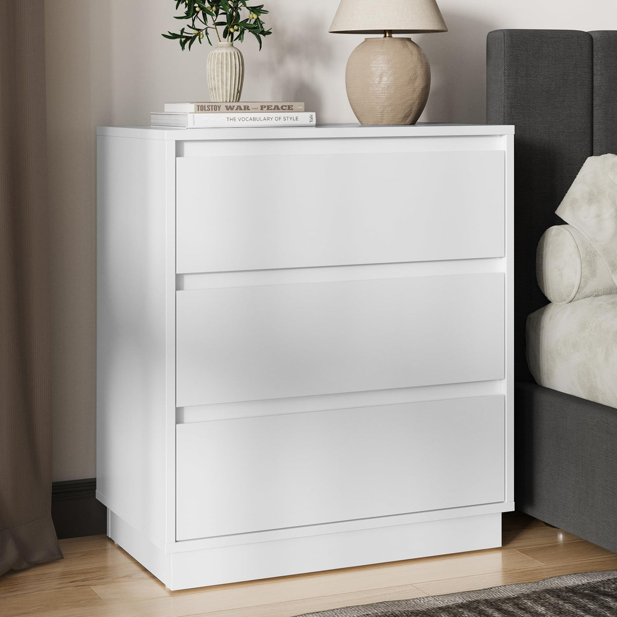 RoyaCraft Wide Nightstand with 3 Drawers, Black Nightstand for Bedroom, Large End Table Bedside Table for Living Room, Black and White